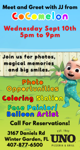 Join us at UNO Pizzeria & Grill – 3167 Daniels Rd, Winter Garden for a Cocomelon Party Night with JJ on Sept 10th